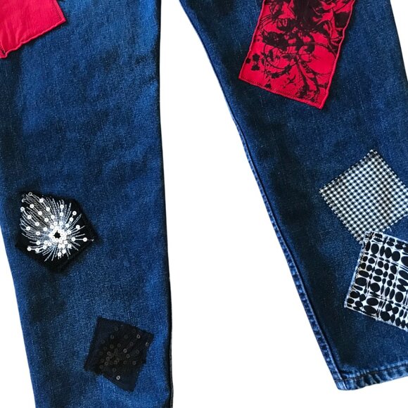 Patchwork Jeans for Women, Size 6: Upcycled New York Theme Sequined Denim Pants - Picture 7 of 11